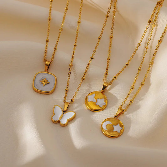 Round Star Moon 304 Stainless Steel Shell Zircon 18K Gold Plated Hollow Out Inlay Pendant Necklace