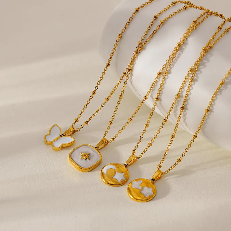 Round Star Moon 304 Stainless Steel Shell Zircon 18K Gold Plated Hollow Out Inlay Pendant Necklace