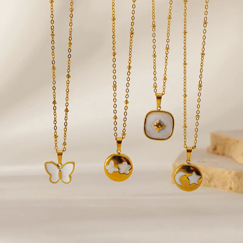 Round Star Moon 304 Stainless Steel Shell Zircon 18K Gold Plated Hollow Out Inlay Pendant Necklace