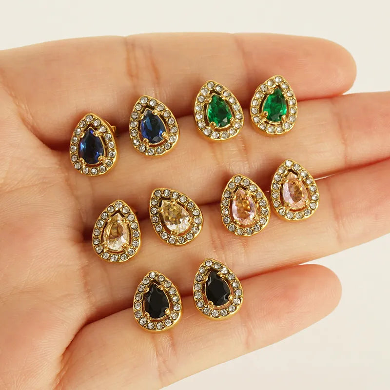 Sun Water Droplets Heart Shape Inlay Stainless Steel Rhinestones Zircon 18k Gold Plated Ear Stud