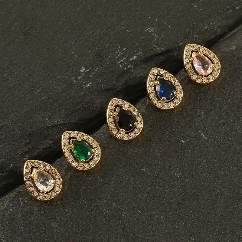 Sun Water Droplets Heart Shape Inlay Stainless Steel Rhinestones Zircon 18k Gold Plated Ear Stud