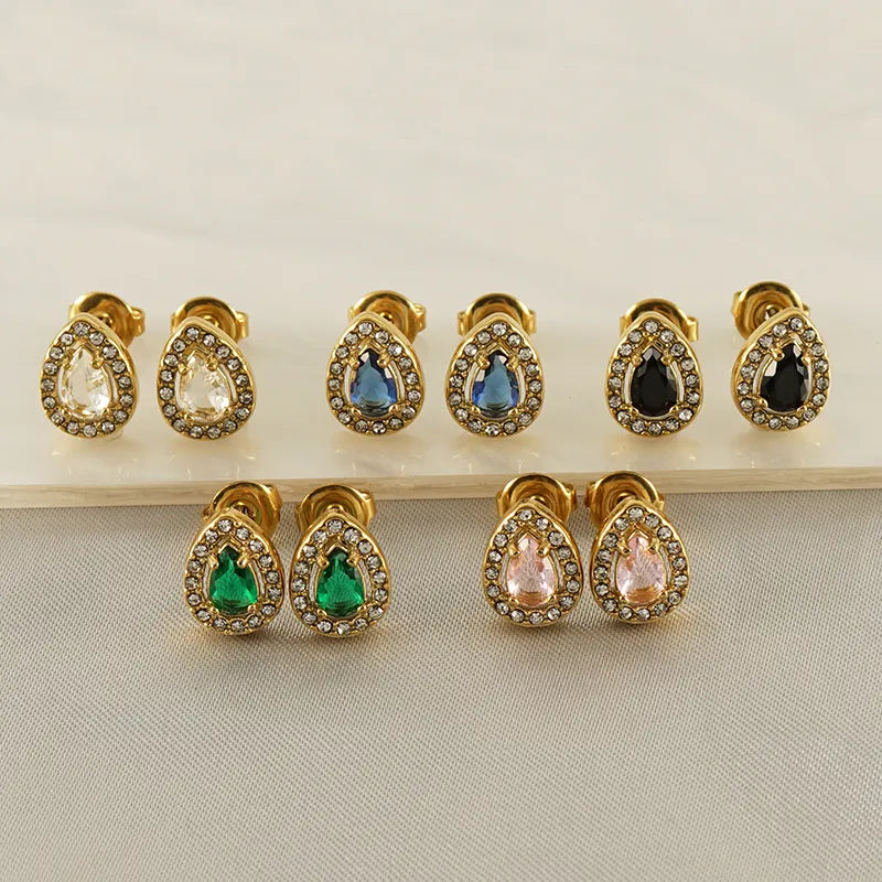Sun Water Droplets Heart Shape Inlay Stainless Steel Rhinestones Zircon 18k Gold Plated Ear Stud