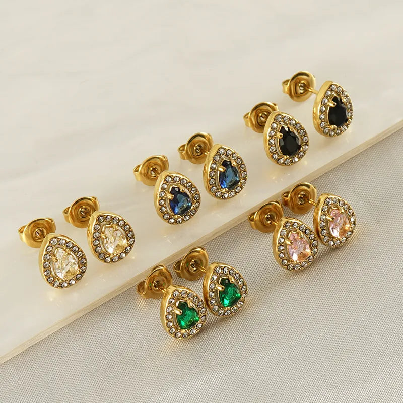 Sun Water Droplets Heart Shape Inlay Stainless Steel Rhinestones Zircon 18k Gold Plated Ear Stud