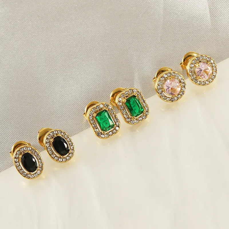 Sun Water Droplets Heart Shape Inlay Stainless Steel Rhinestones Zircon 18k Gold Plated Ear Stud