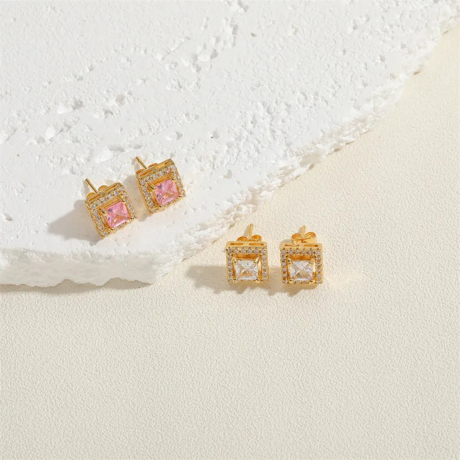 Pink Vintage Style Simple Style Square Plating Inlay Brass Zircon 14K Gold Plated Ear Studs