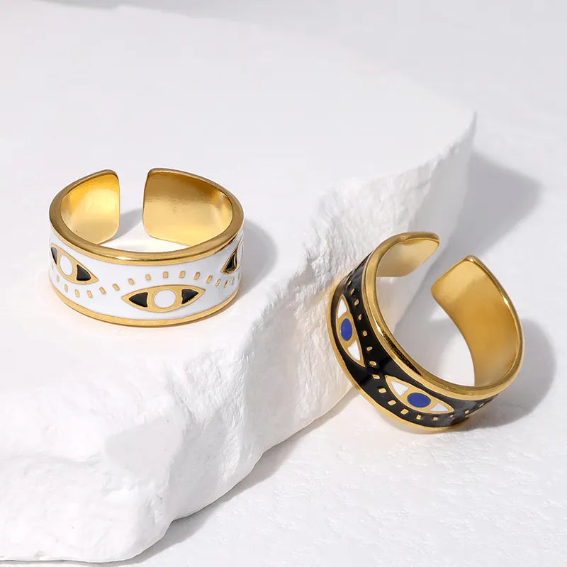 Black Punk Eye Stainless Steel Enamel Plating 18K Gold Plated Open Rings