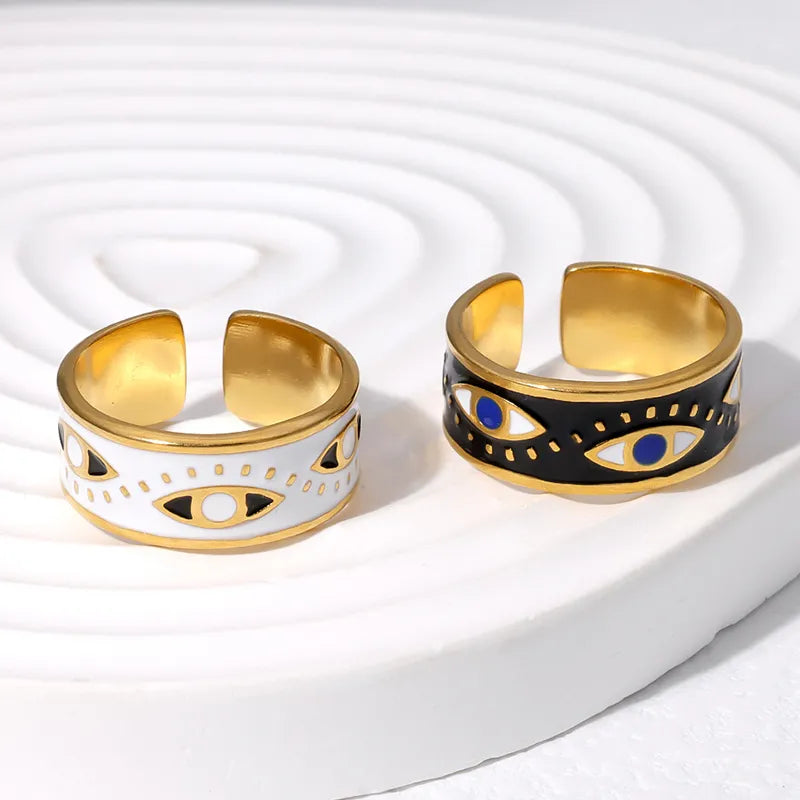 Black Punk Eye Stainless Steel Enamel Plating 18K Gold Plated Open Rings