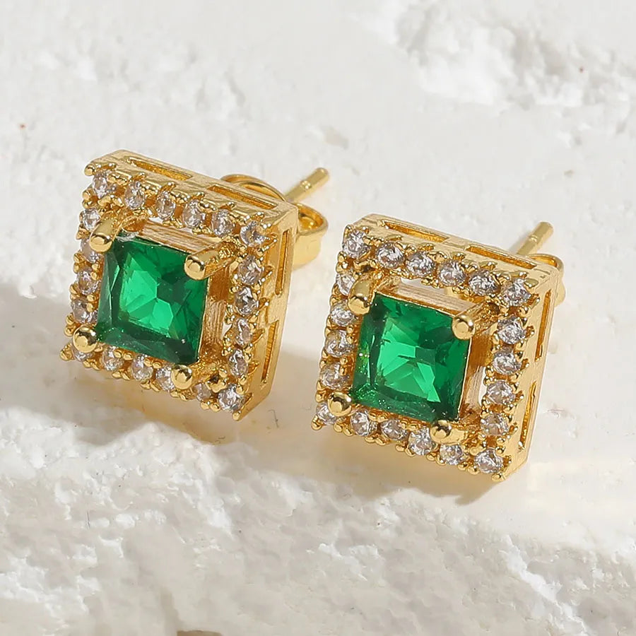 Green Vintage Style Simple Style Square Plating Inlay Brass Zircon 14K Gold Plated Ear Studs