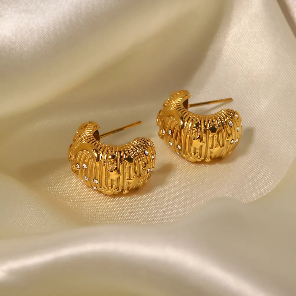 Simple Style Star Moon Inlay Stainless Steel Artificial Pearls 18K Gold Plated Ear Studs