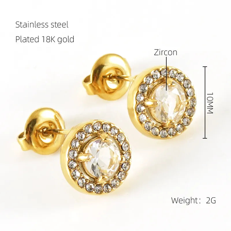 Sun Water Droplets Heart Shape Inlay Stainless Steel Rhinestones Zircon 18k Gold Plated Ear Stud