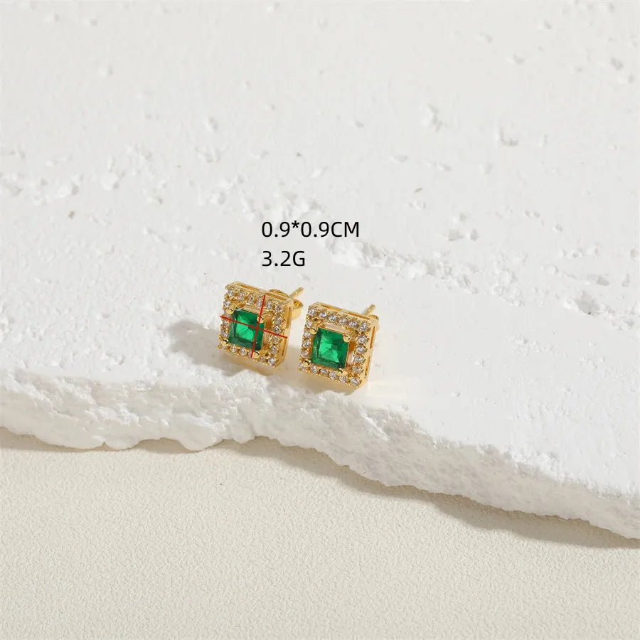Green Vintage Style Simple Style Square Plating Inlay Brass Zircon 14K Gold Plated Ear Studs