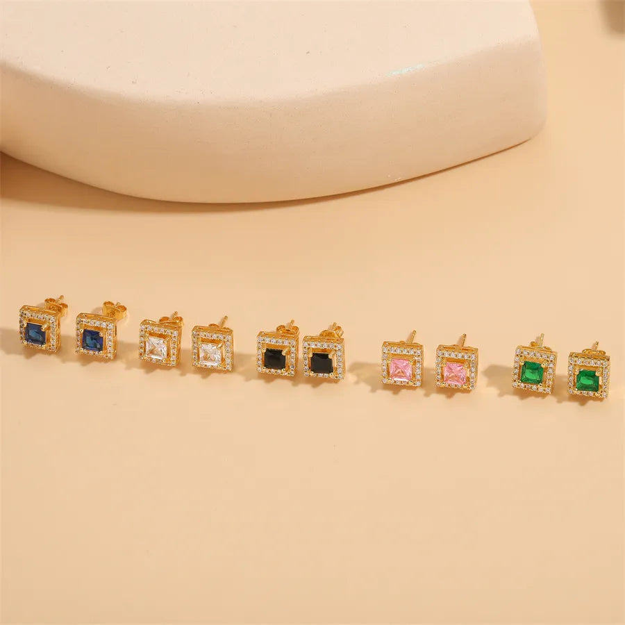 Pink Vintage Style Simple Style Square Plating Inlay Brass Zircon 14K Gold Plated Ear Studs
