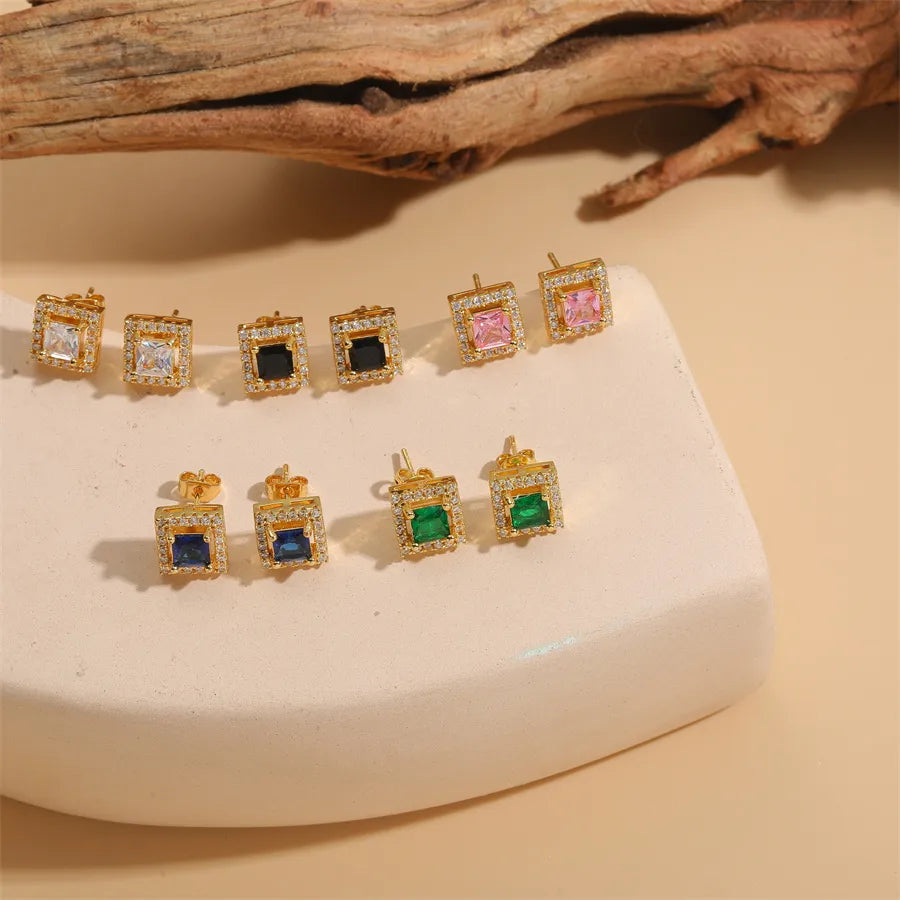 Pink Vintage Style Simple Style Square Plating Inlay Brass Zircon 14K Gold Plated Ear Studs