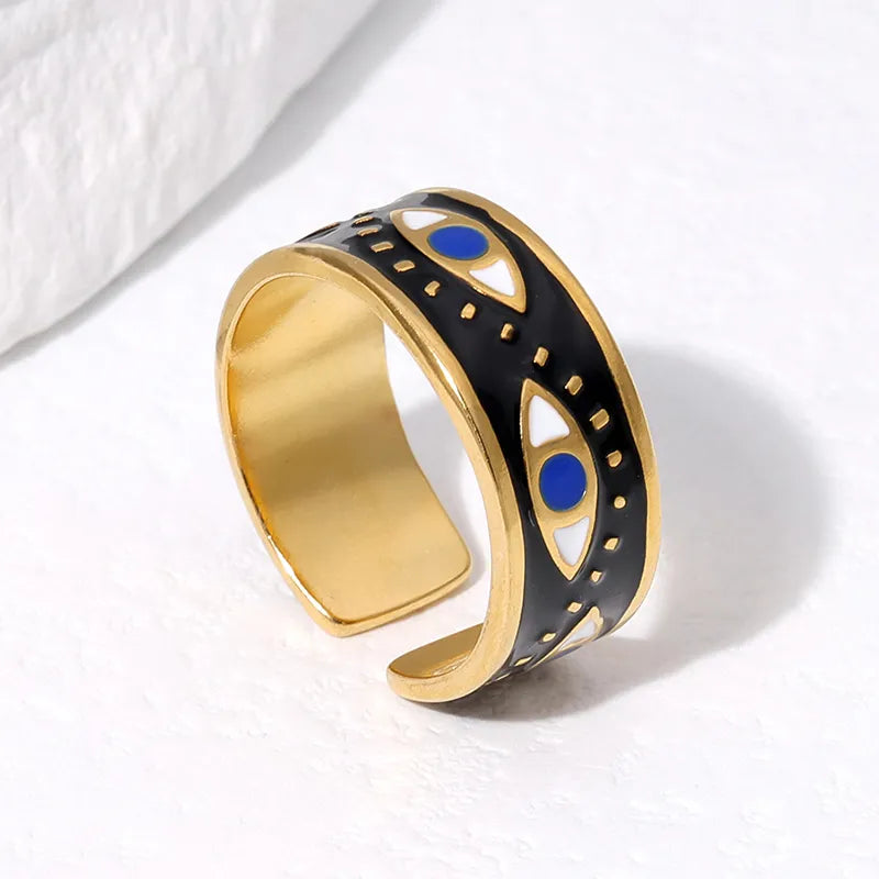 Black Punk Eye Stainless Steel Enamel Plating 18K Gold Plated Open Rings