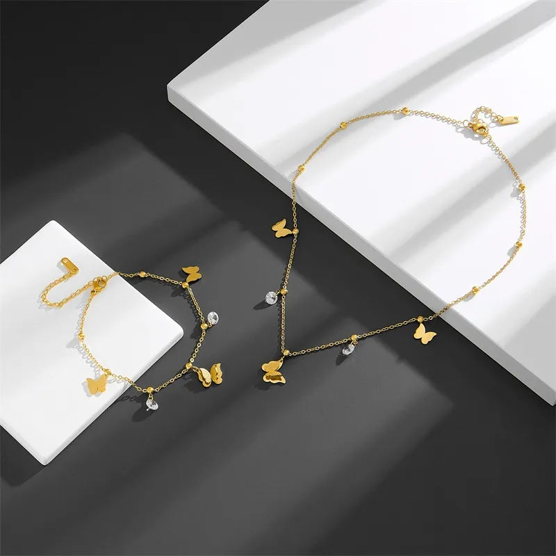Butterfly Titanium Steel Inlay Zircon 18K Gold Plated Necklace