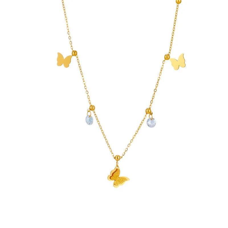 Butterfly Titanium Steel Inlay Zircon 18K Gold Plated Necklace