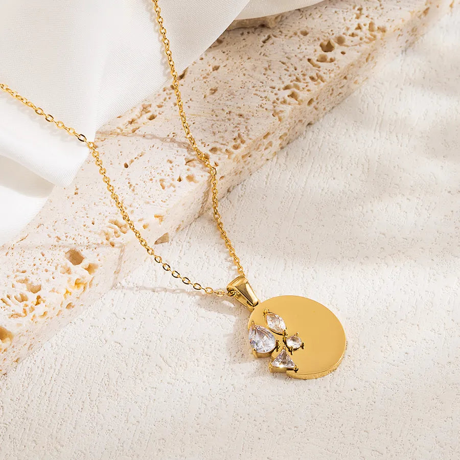 Cubic Zirconia Stainless Steel Plating Inlay Zircon 18K Gold Plated Pendant Necklace