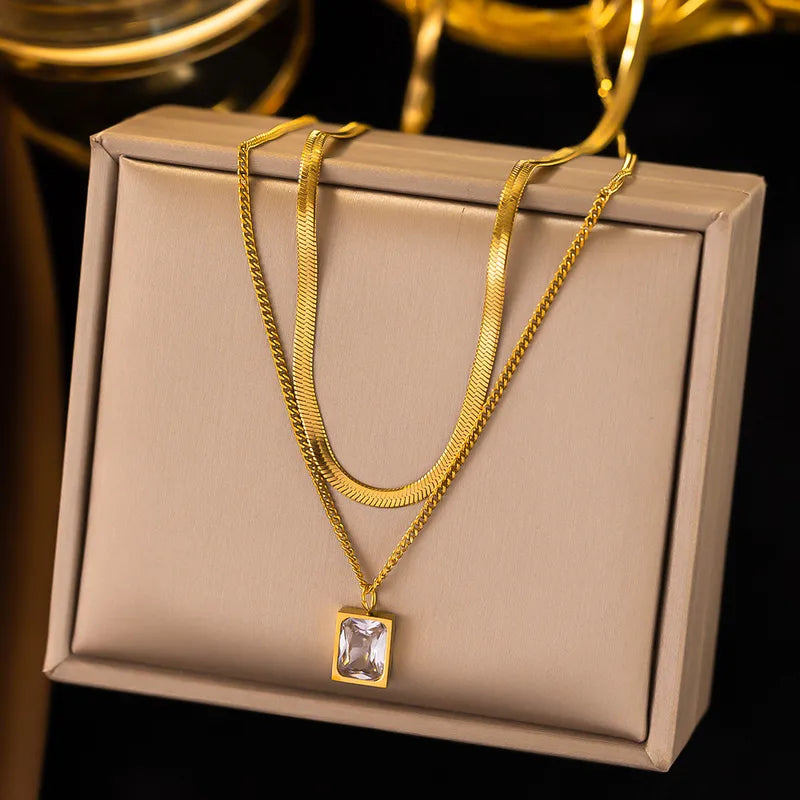 304 Stainless Steel 18K Gold Plated Simple Style Commute Plating Inlay Rectangle Artificial Rhinestones Layered Necklace