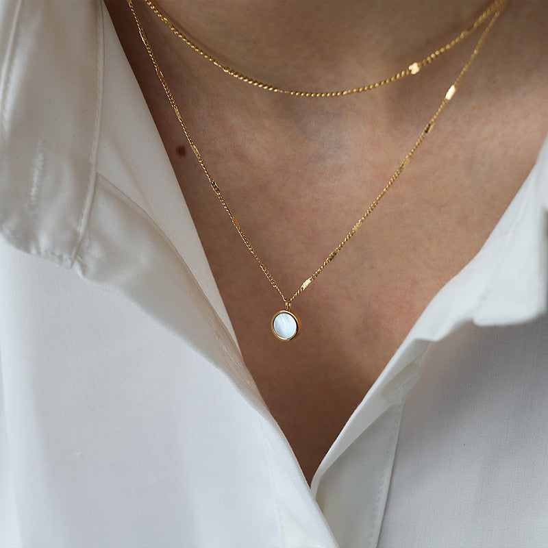 White Shell Round Titanium Steel Plating Inlay Shell Double Layer Necklaces