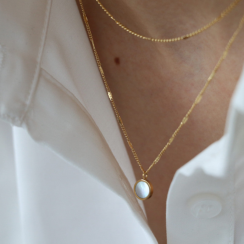 White Shell Round Titanium Steel Plating Inlay Shell Double Layer Necklaces
