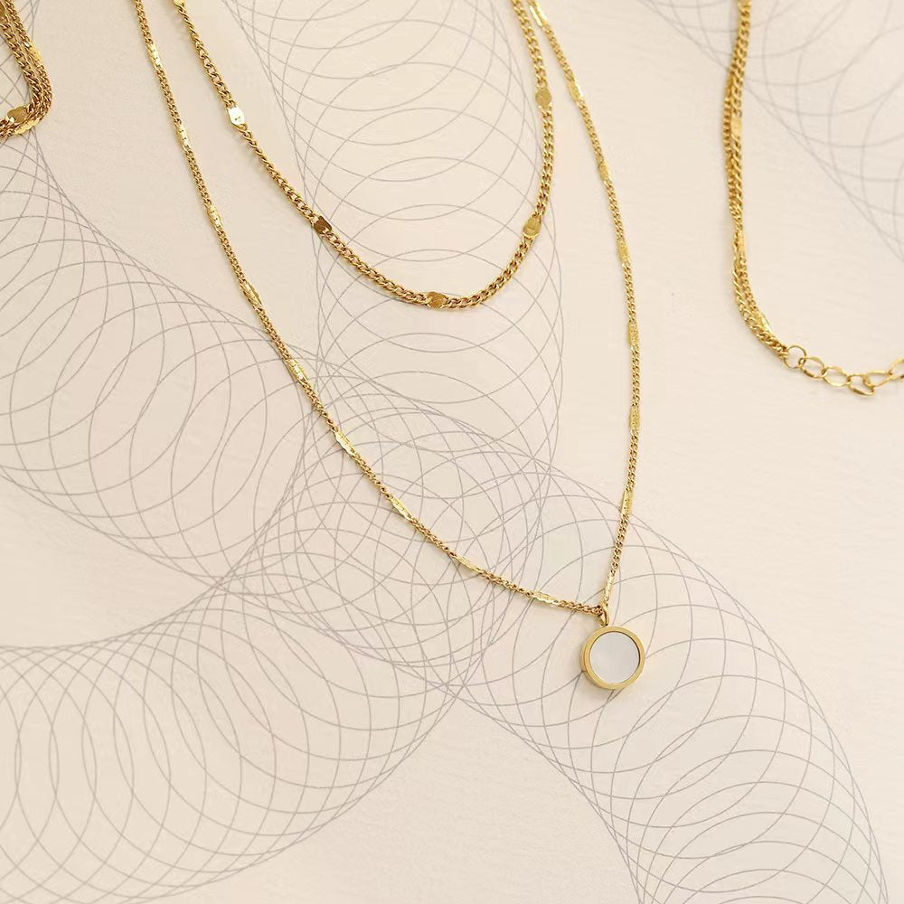 White Shell Round Titanium Steel Plating Inlay Shell Double Layer Necklaces