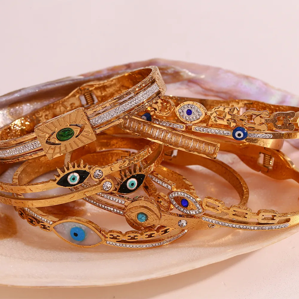 Double Layered Evil Eye Stainless  Steel Plating Inlay Zircon 18K Gold Plated Bangle