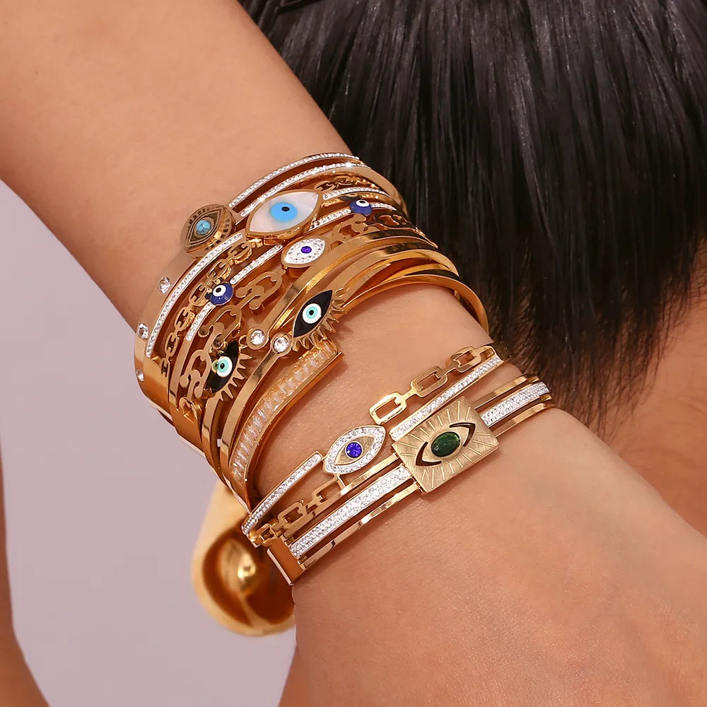 Rectangular Green Eyes Rhinestone Stainless Steel 18K Gold Plated Bracelet
