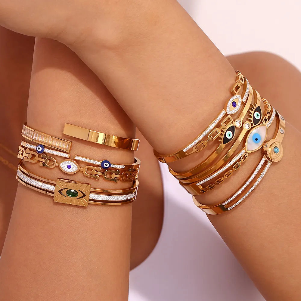 Double Layered Evil Eye Stainless  Steel Plating Inlay Zircon 18K Gold Plated Bangle