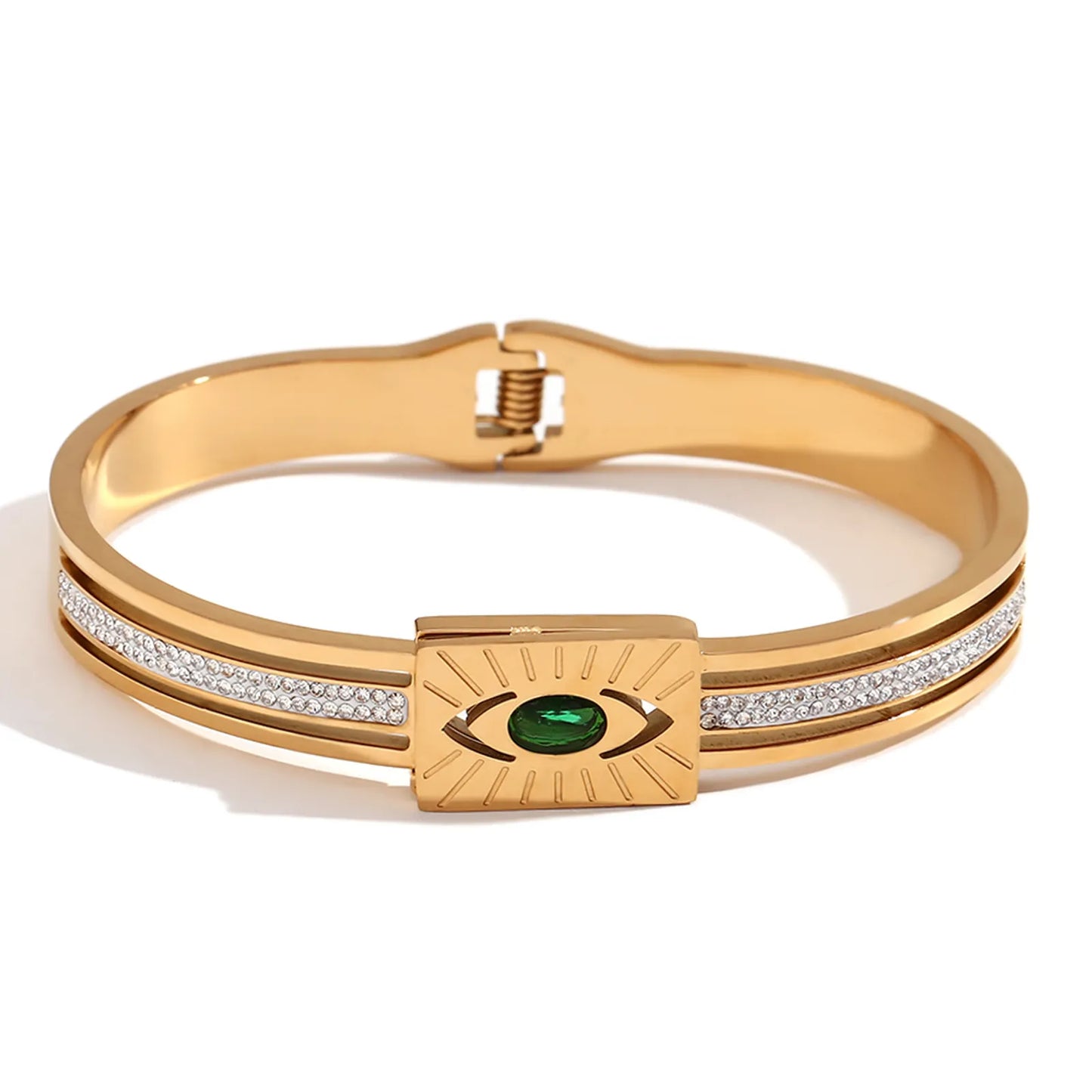 Rectangular Green Eyes Rhinestone Stainless Steel 18K Gold Plated Bracelet