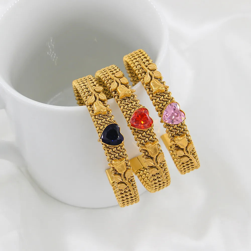 304 Stainless Steel 18K Gold Plated Simple Style Classic Style Plating Inlay Heart Shape Zircon Bangle