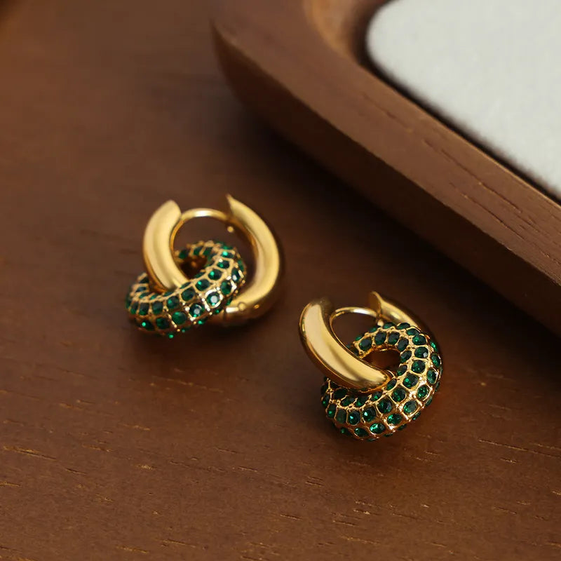 Charm Style Circle Plating Inlay Titanium Steel Artificial Diamond 18K Gold Plated Hoop Earring