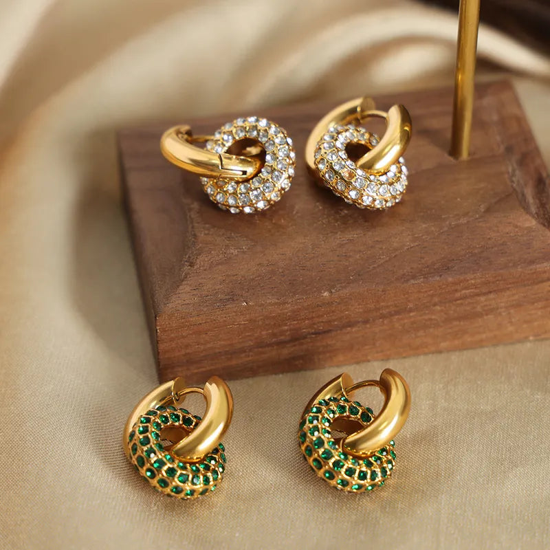 Charm Style Circle Plating Inlay Titanium Steel Artificial Diamond 18K Gold Plated Hoop Earring