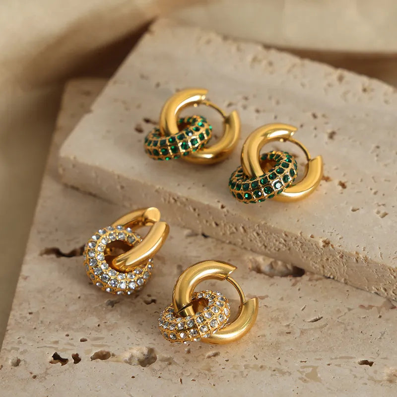 Charm Style Circle Plating Inlay Titanium Steel Artificial Diamond 18K Gold Plated Hoop Earring