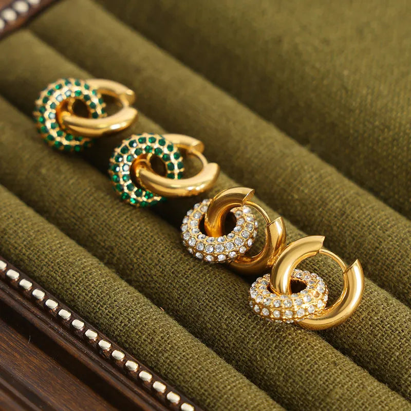 Charm Style Circle Plating Inlay Titanium Steel Artificial Diamond 18K Gold Plated Hoop Earring
