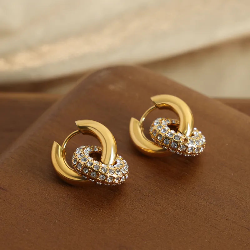 Charm Style Circle Plating Inlay Titanium Steel Artificial Diamond 18K Gold Plated Hoop Earring