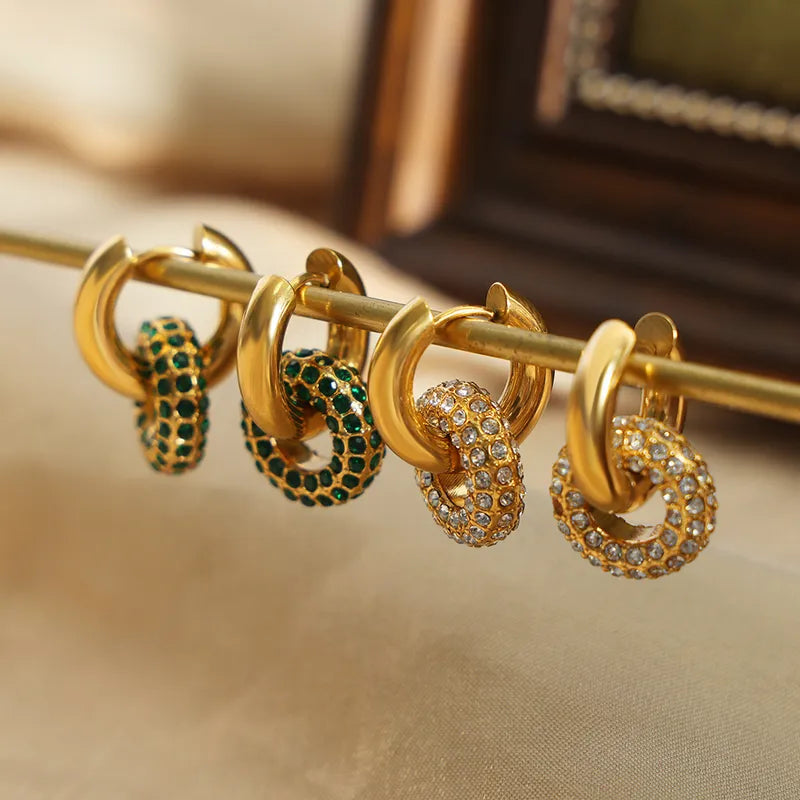 Charm Style Circle Plating Inlay Titanium Steel Artificial Diamond 18K Gold Plated Hoop Earring