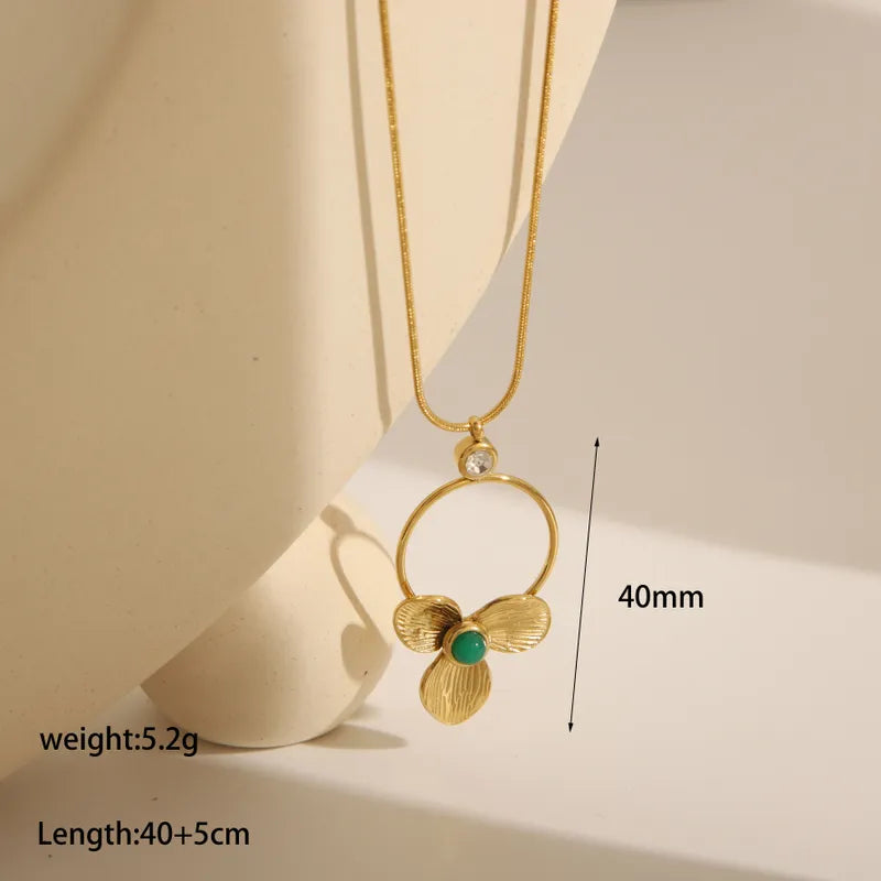 French Style Simple Style Classic Style Flower 304 Stainless Steel Zircon 18K Gold Plated Inlay Pendant Necklace