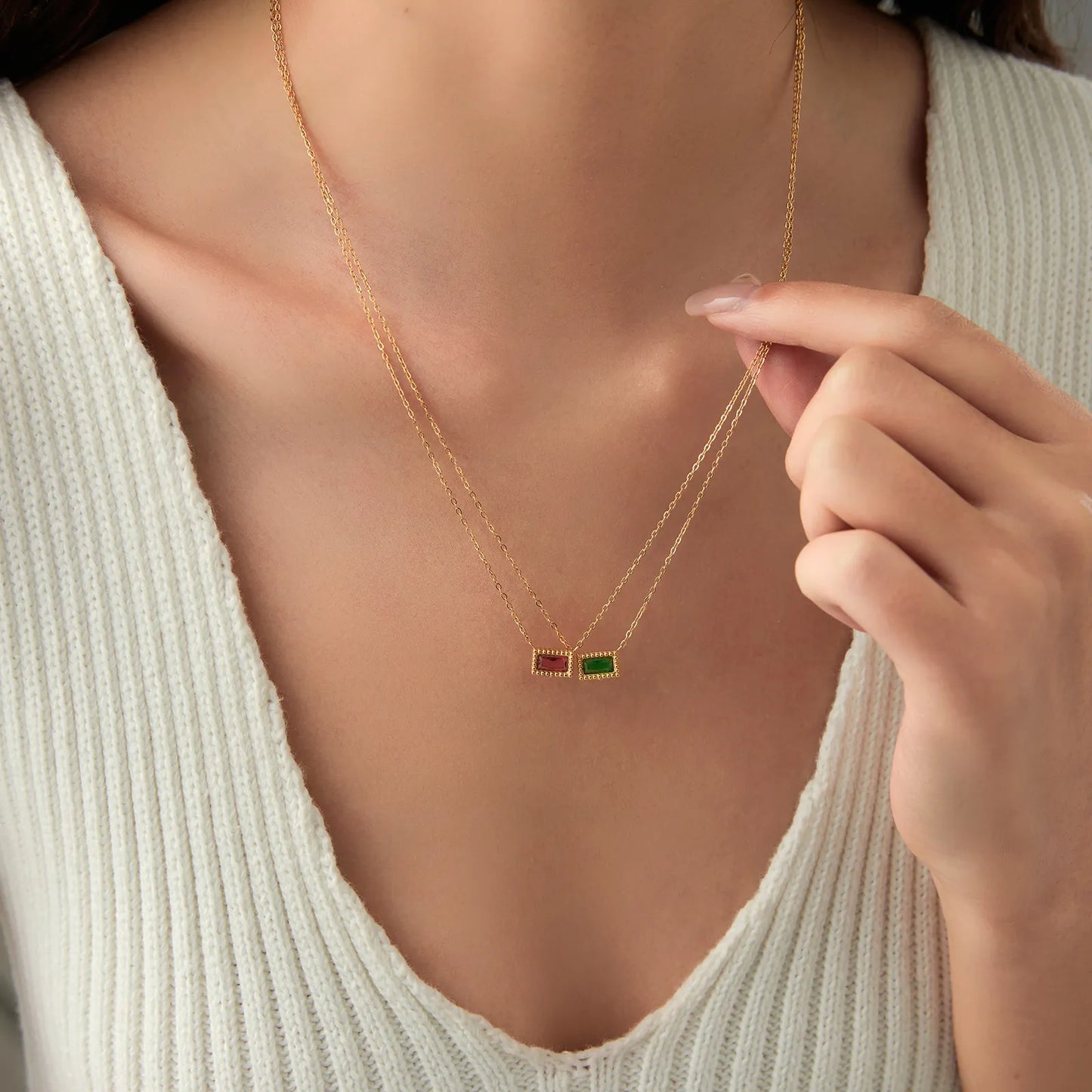 Rectangle 304 Stainless Steel Artificial Gemstones Gold Plated Inlay Pendant Necklace