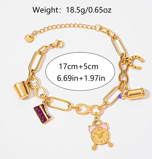 Stainless Steel Gold Plated Preppy Style Shiny Patchwork Enamel Plating Cup Wine Bottle Bracelets