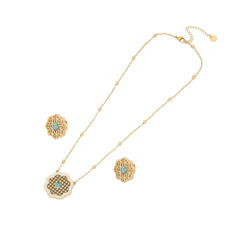 Stainless Steel 18K Gold Plated Elegant Enamel Flowers Zircon Jewelry Set