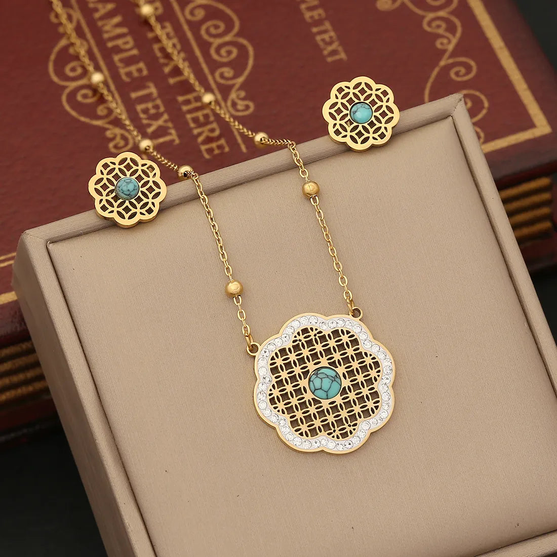 Stainless Steel 18K Gold Plated Elegant Enamel Flowers Zircon Jewelry Set