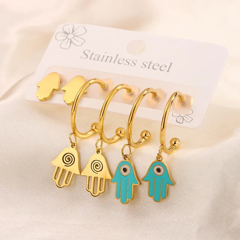 3 Pairs Simple Style Hand Of Fatima Heart Shape Flower Enamel 304 Stainless Steel 18K Gold Plated Drop Earrings Ear Studs