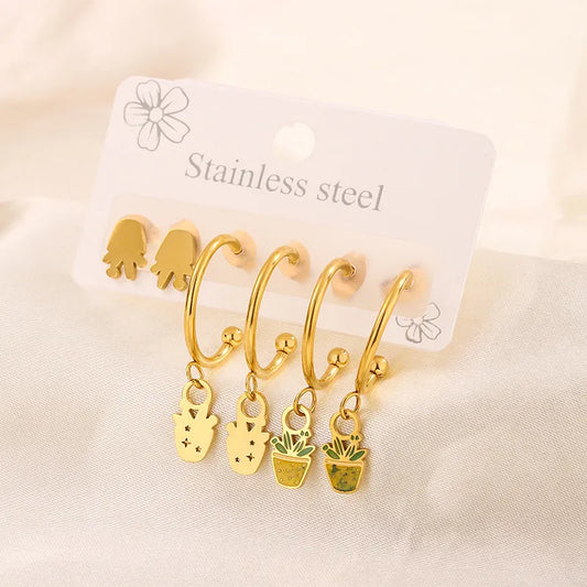 Flower Enamel 304 Stainless Steel 18K Gold Plated Drop Earrings Ear Studs