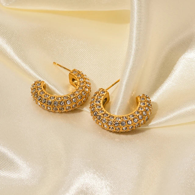 Stainless Steel PVD 18K Gold Plated Tarnish Waterproof Zircon Rhinestoned CC Hoop Earrings