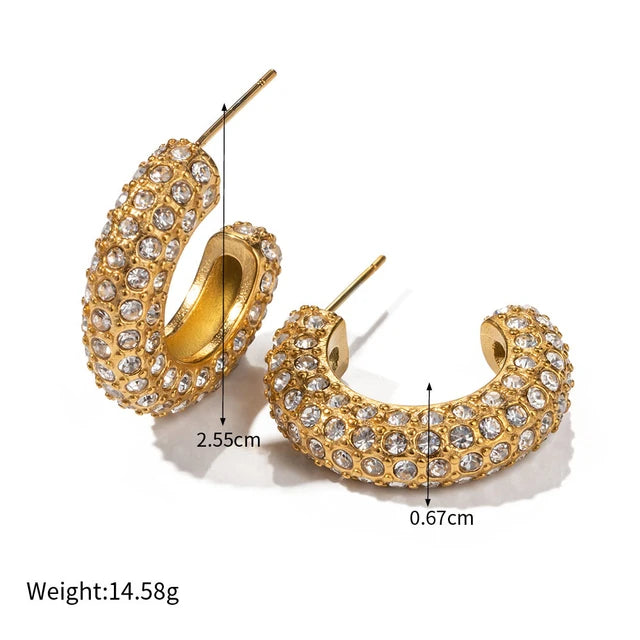 Stainless Steel PVD 18K Gold Plated Tarnish Waterproof Zircon Rhinestoned CC Hoop Earrings