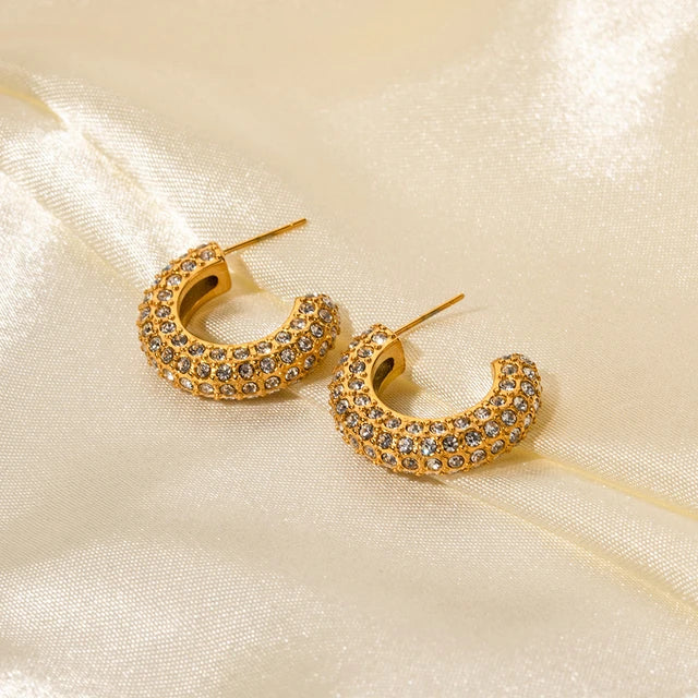 Stainless Steel PVD 18K Gold Plated Tarnish Waterproof Zircon Rhinestoned CC Hoop Earrings
