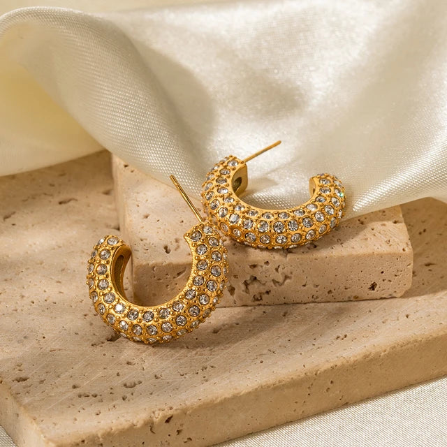 Stainless Steel PVD 18K Gold Plated Tarnish Waterproof Zircon Rhinestoned CC Hoop Earrings