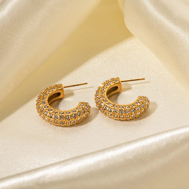 Stainless Steel PVD 18K Gold Plated Tarnish Waterproof Zircon Rhinestoned CC Hoop Earrings