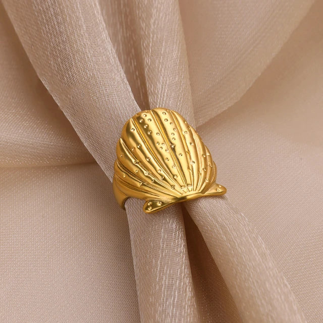 Shell D Place 304 Stainless Steel Gem 18K Gold Plated Inlay Open Ring