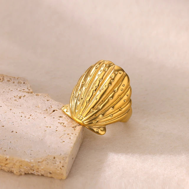 Shell D Place 304 Stainless Steel Gem 18K Gold Plated Inlay Open Ring